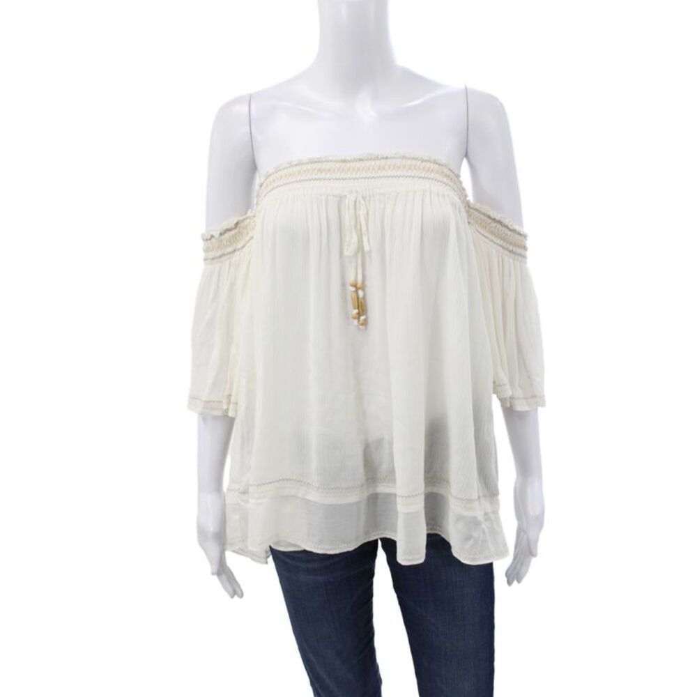 Hale Bob Womens Boho Off Shoulder Tunic Blouse White 3/4 Sleeve Size S